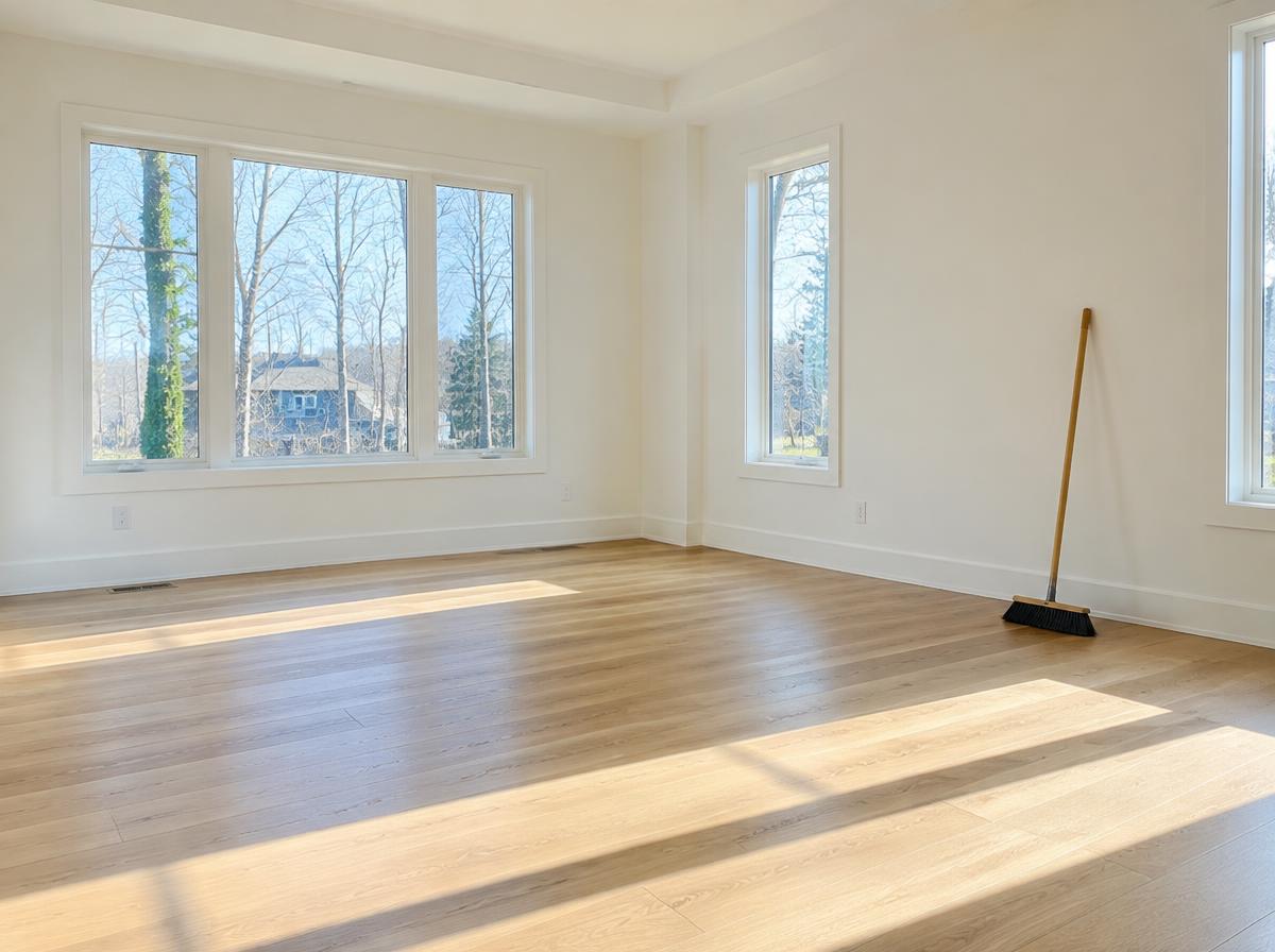 Sunlit newly built room with dust-free oak floors after a post construction clean