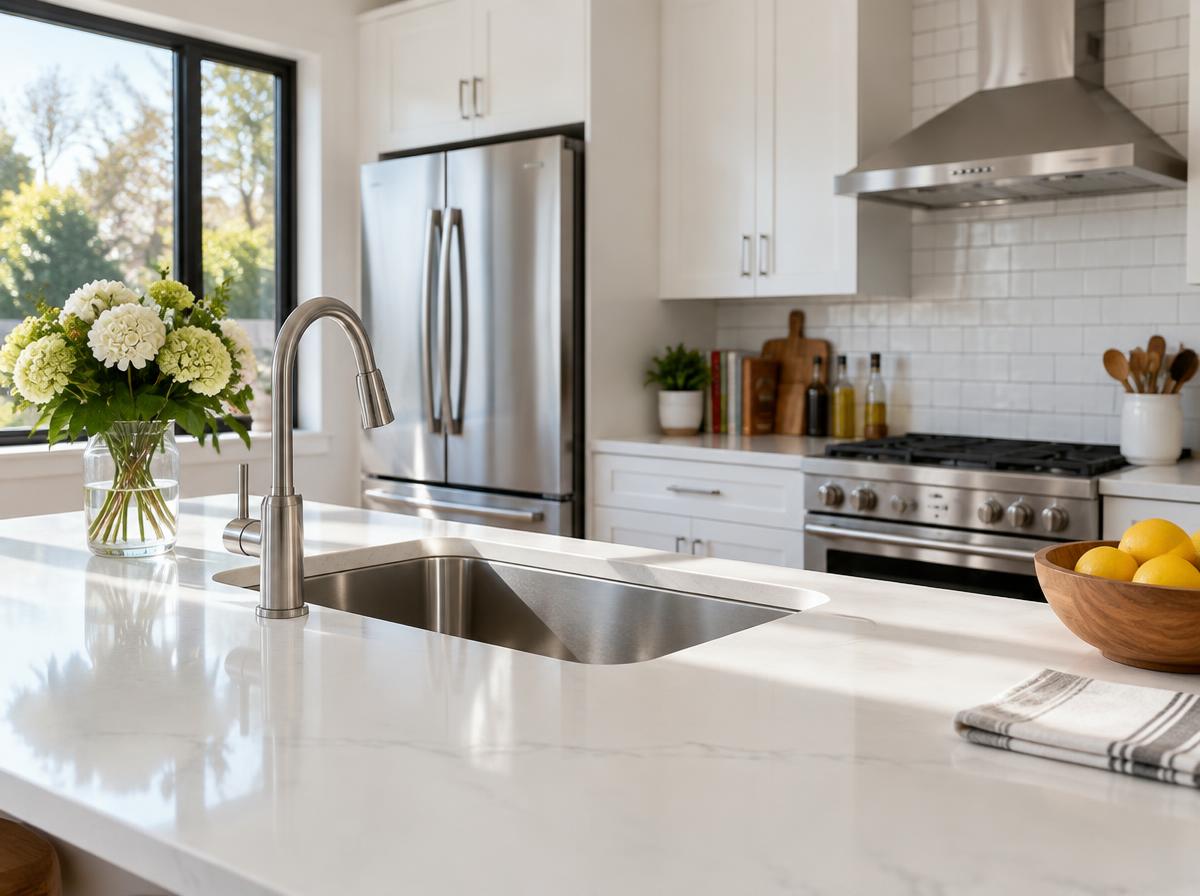 Spotless white quartz kitchen island and polished stainless sink after a deep clean