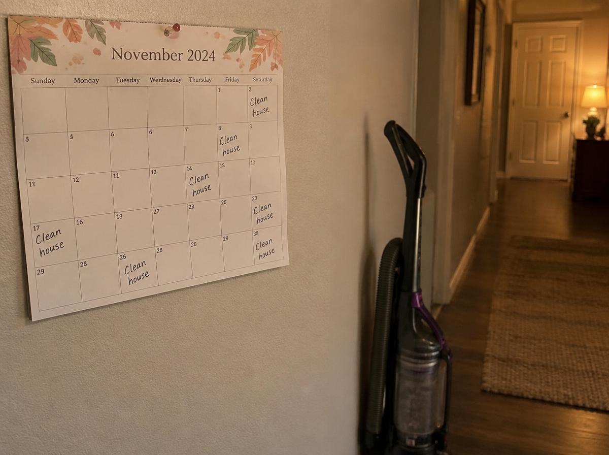 Wall calendar marked with cleaning appointments on weekdays and weekends beside a vacuum