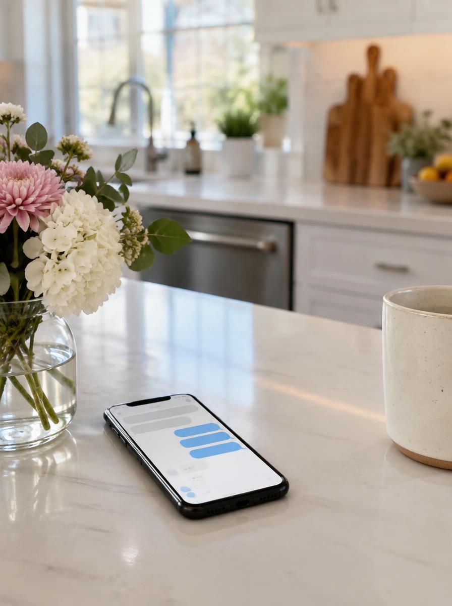 Phone with a follow-up text conversation on a spotless kitchen counter
