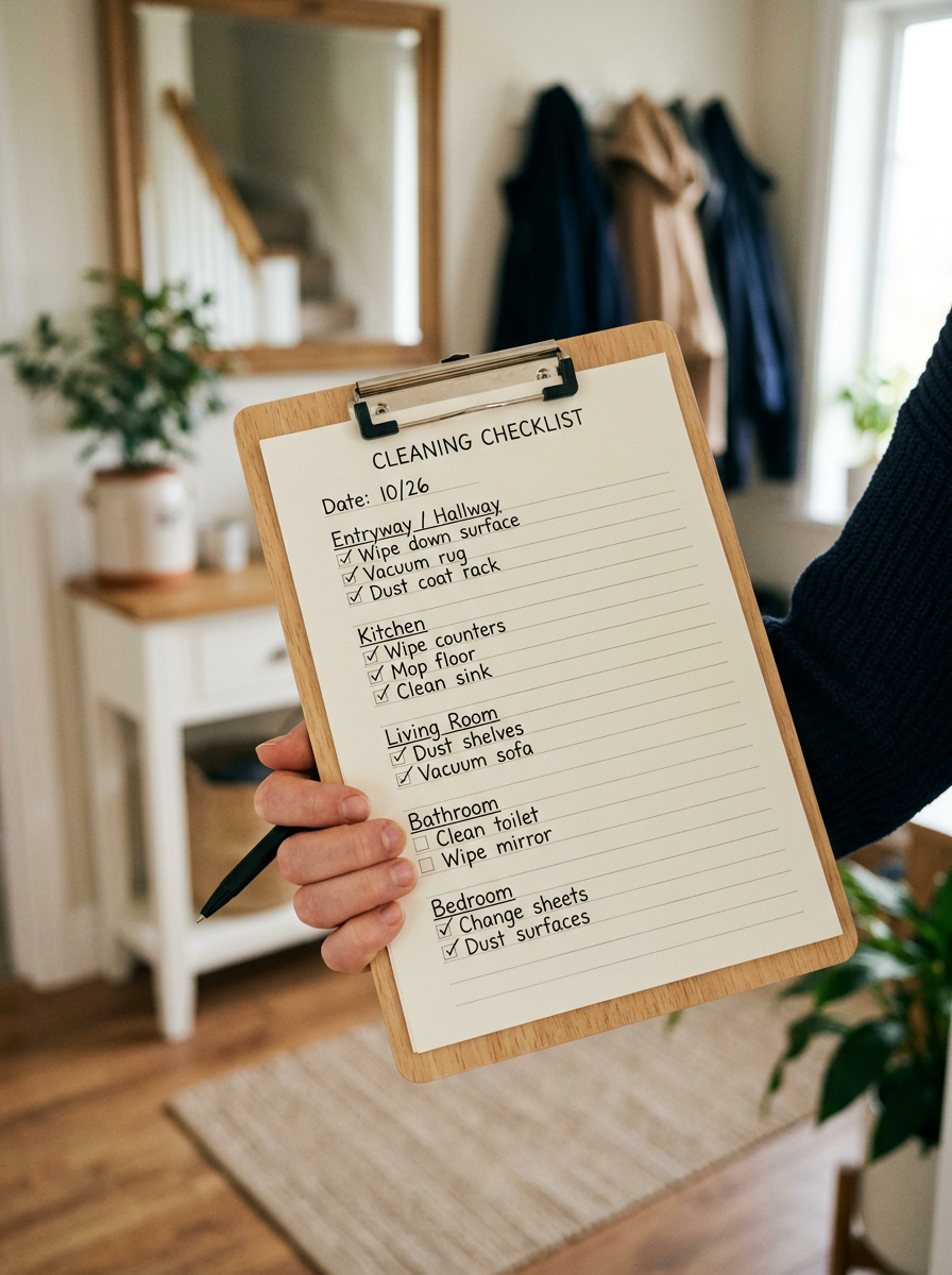 Hand holding a room-by-room cleaning checklist during a home walkthrough