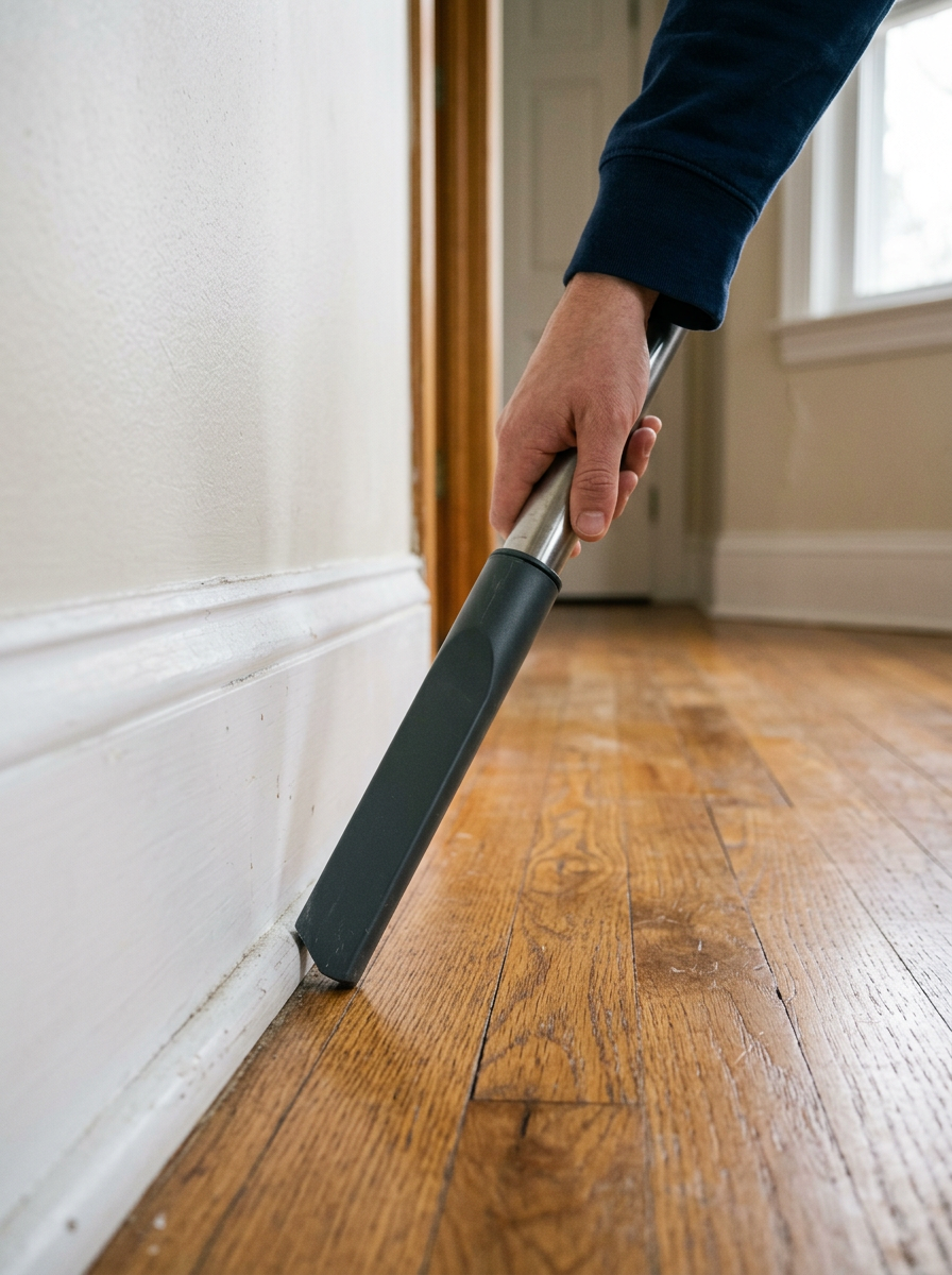 Vacuum crevice tool cleaning dust along a hallway baseboard
