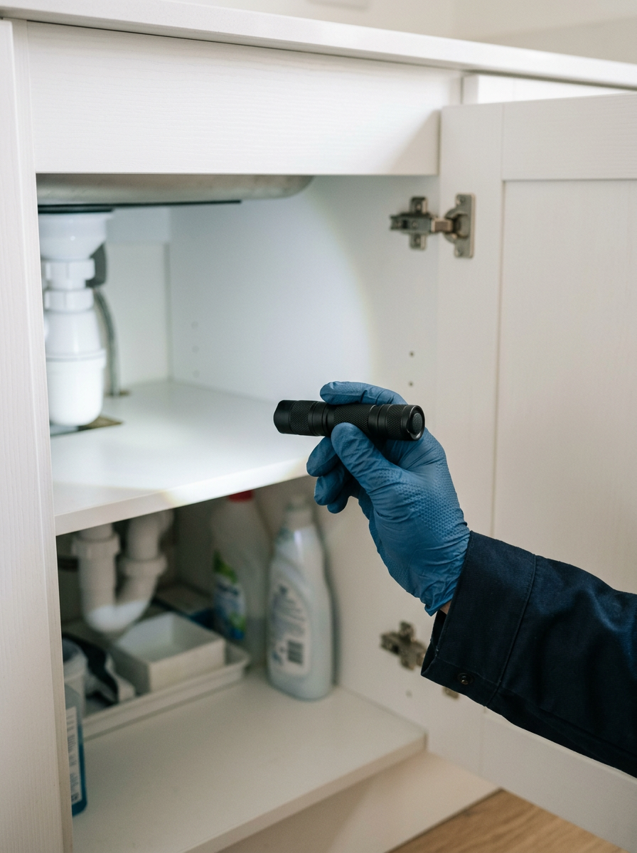 LED flashlight checking the clean interior of a kitchen sink cabinet