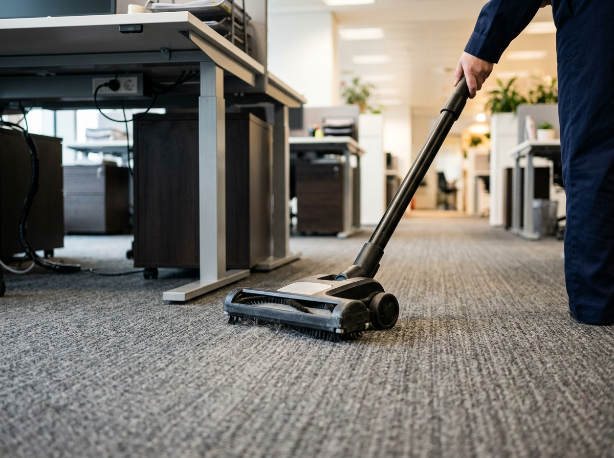 Upright vacuum cleaning low-pile carpet between desks in a modern office