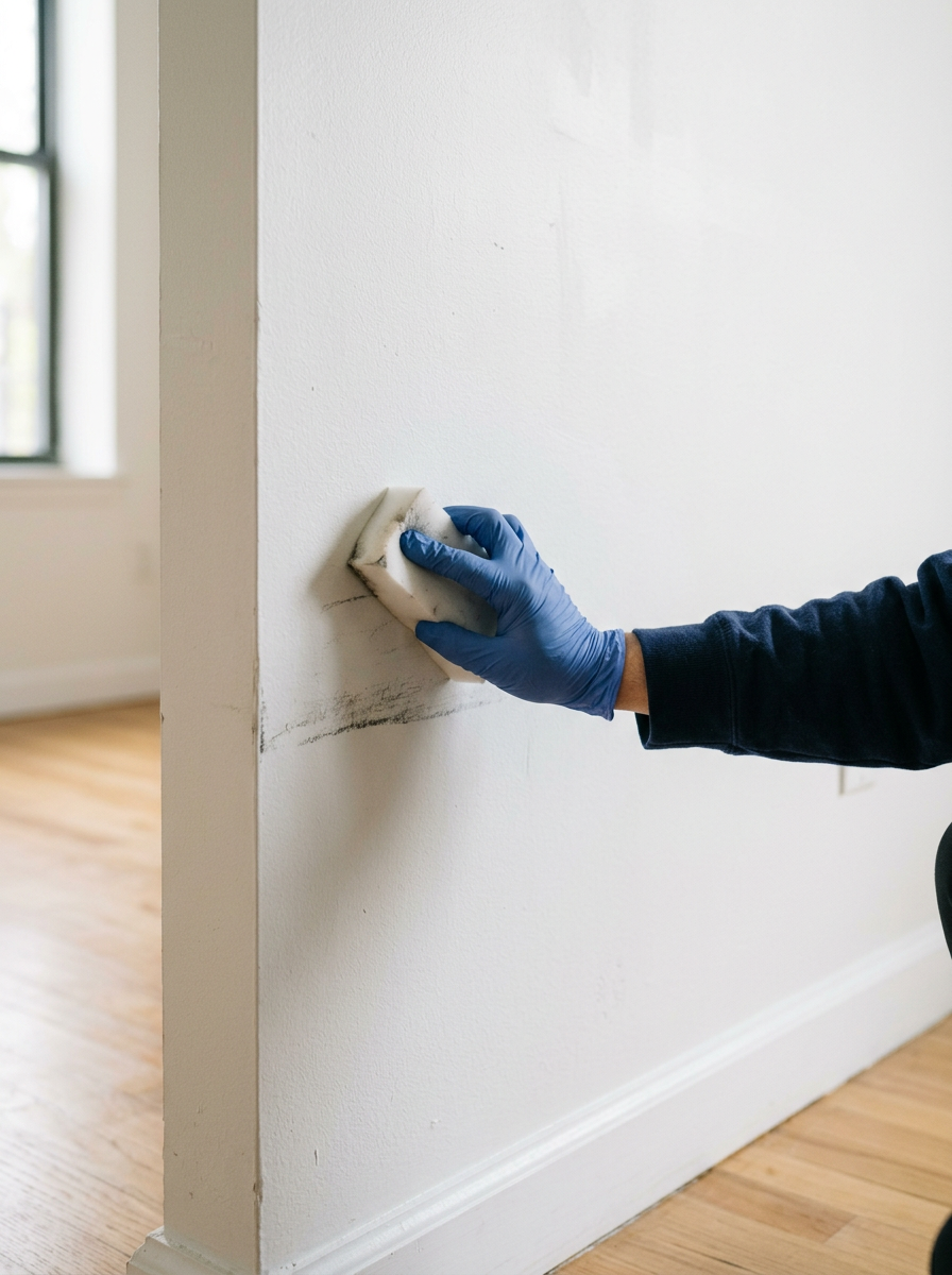 Melamine sponge removing a wall scuff during move-out cleaning