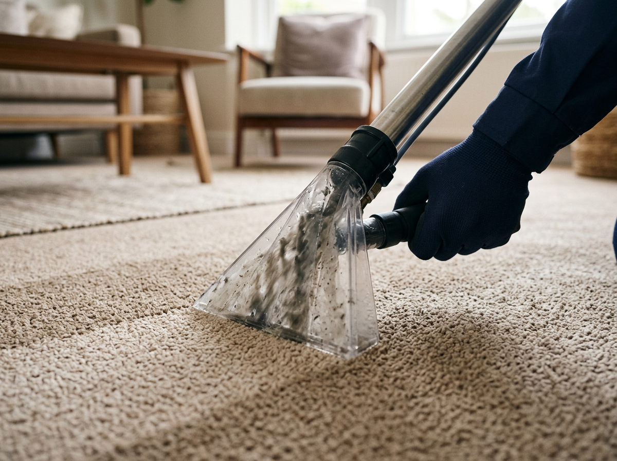 Carpet extractor wand lifting soil from beige living room carpet